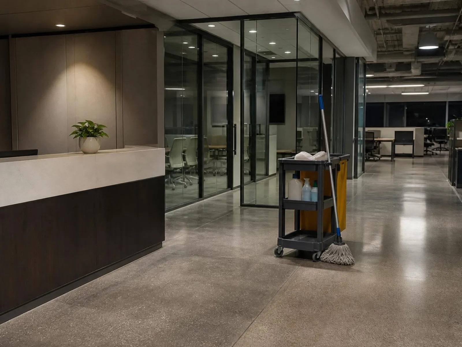After-hours office reception and work area with a janitorial cart on polished flooring
