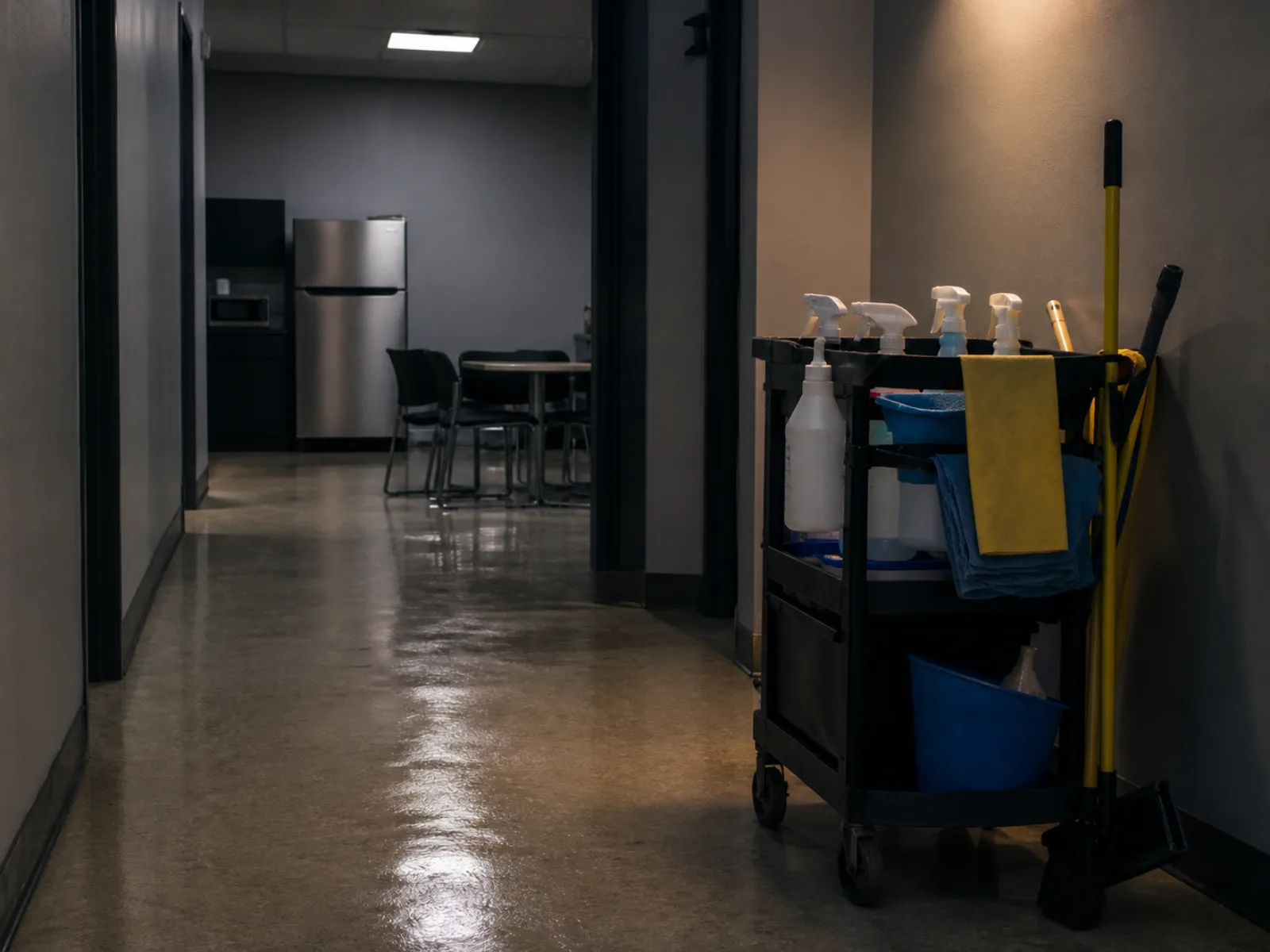 Cleaning cart staged in a commercial building hallway beside a break room after hours