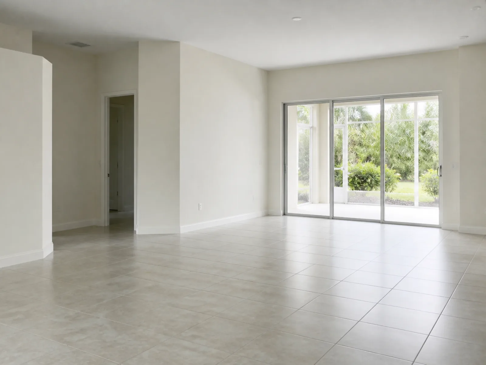 Empty Florida home interior with tile floor and sliding glass door to a lanai