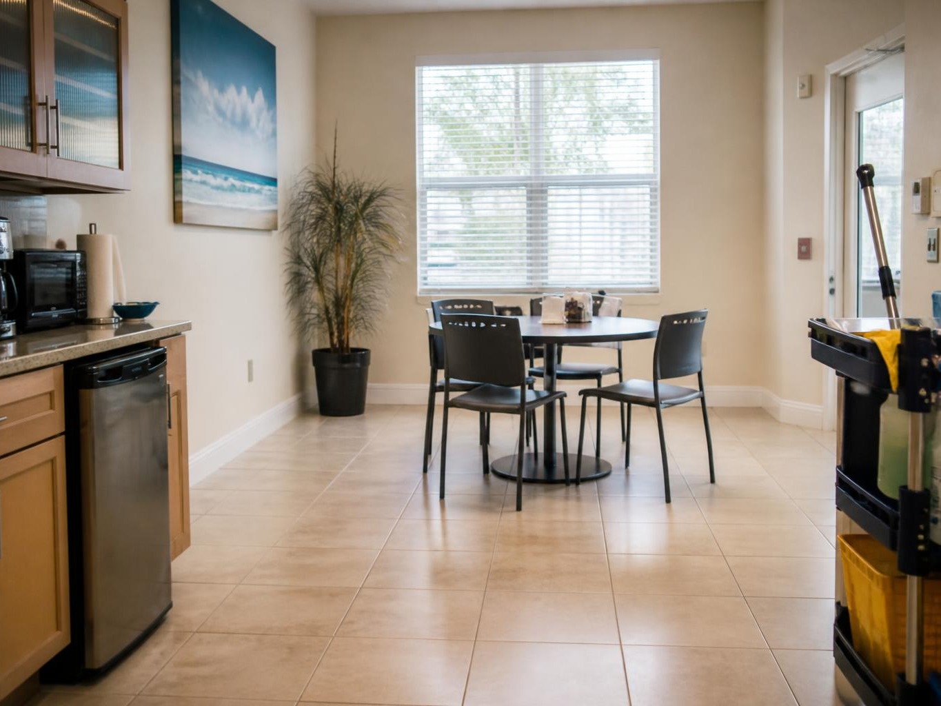 Clean residential kitchen and dining area