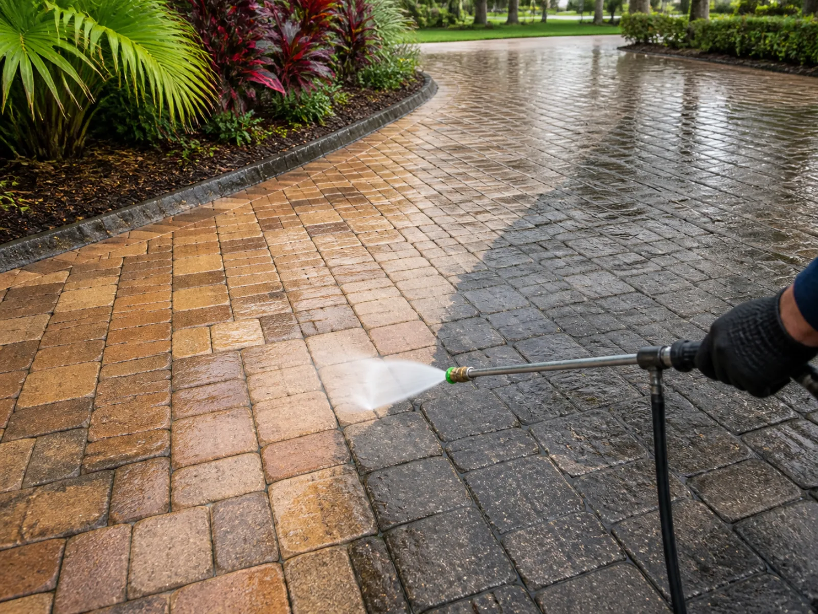 Paver driveway being pressure washed, clean pavers beside untreated pavers