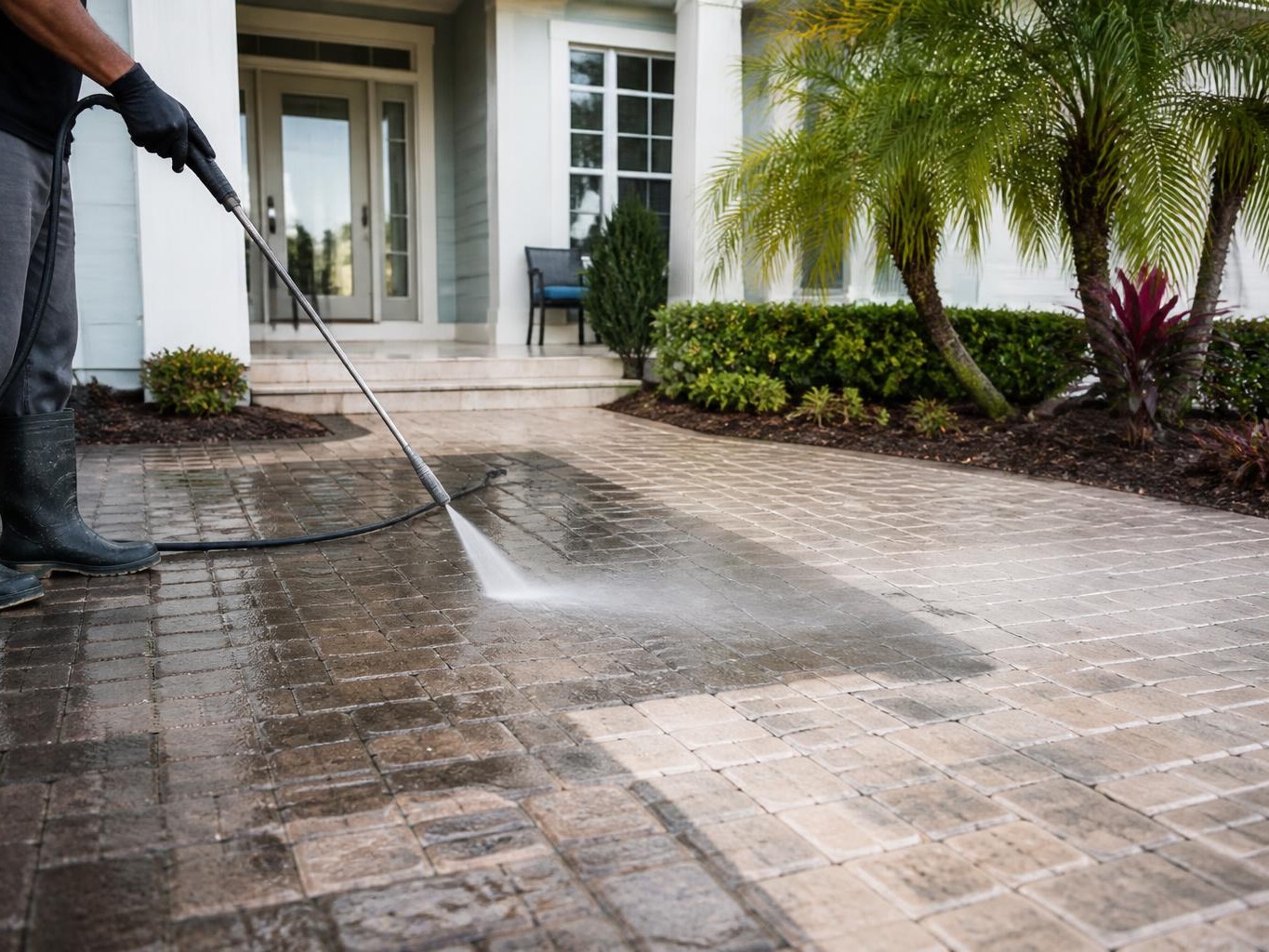 Professional pressure washing on a paver driveway