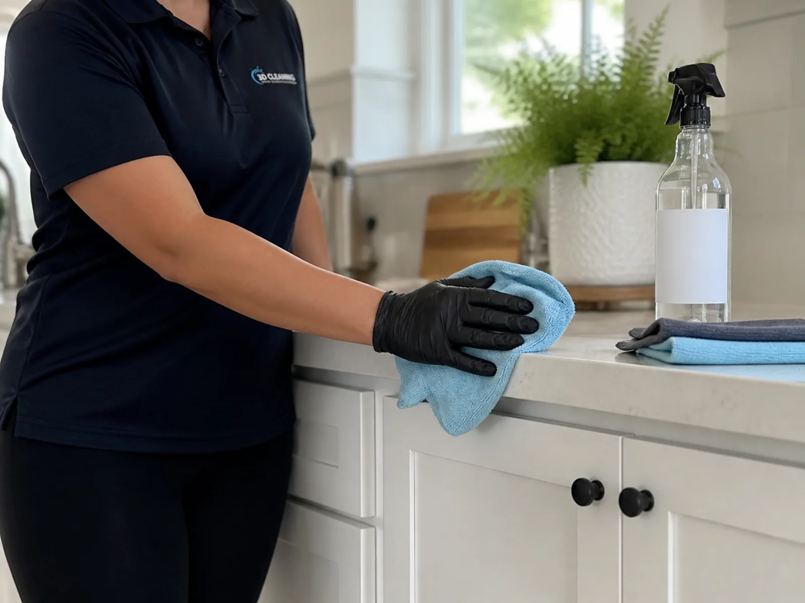 Cleaner in a 3D Cleaning polo wiping a white kitchen counter