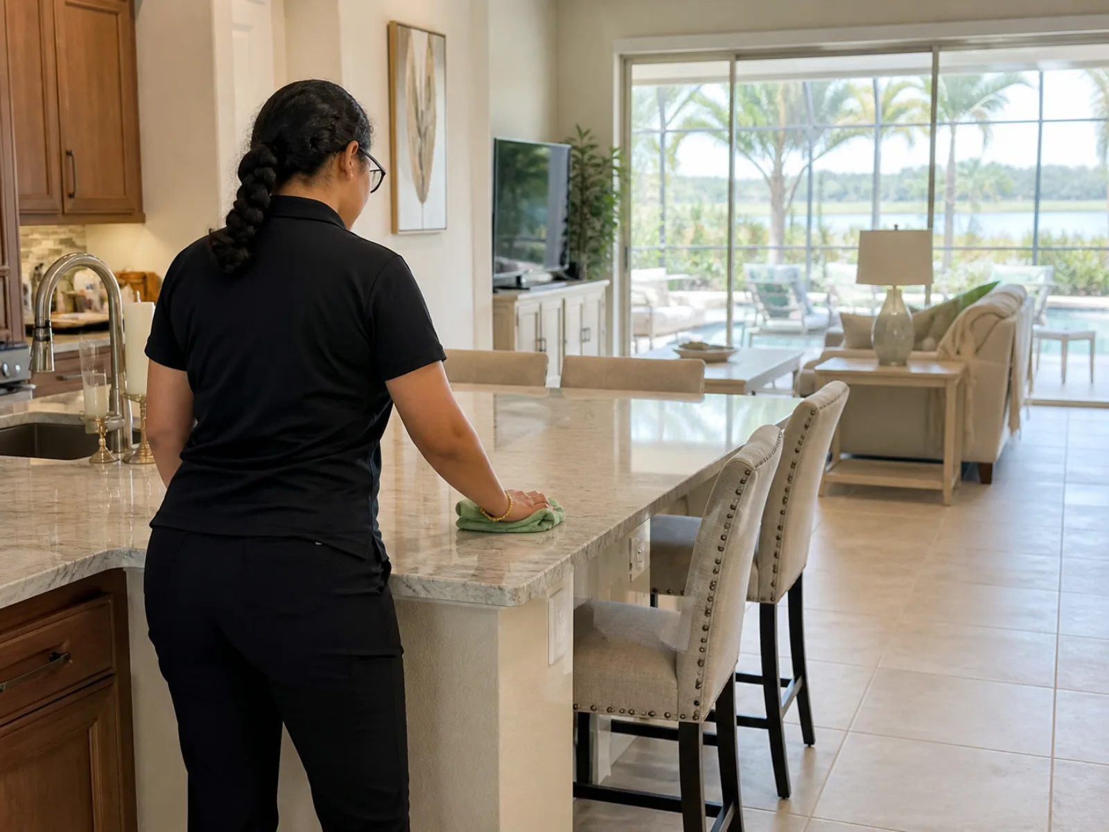 Cleaner wiping a kitchen island in a Southwest Florida home with a lanai beyond