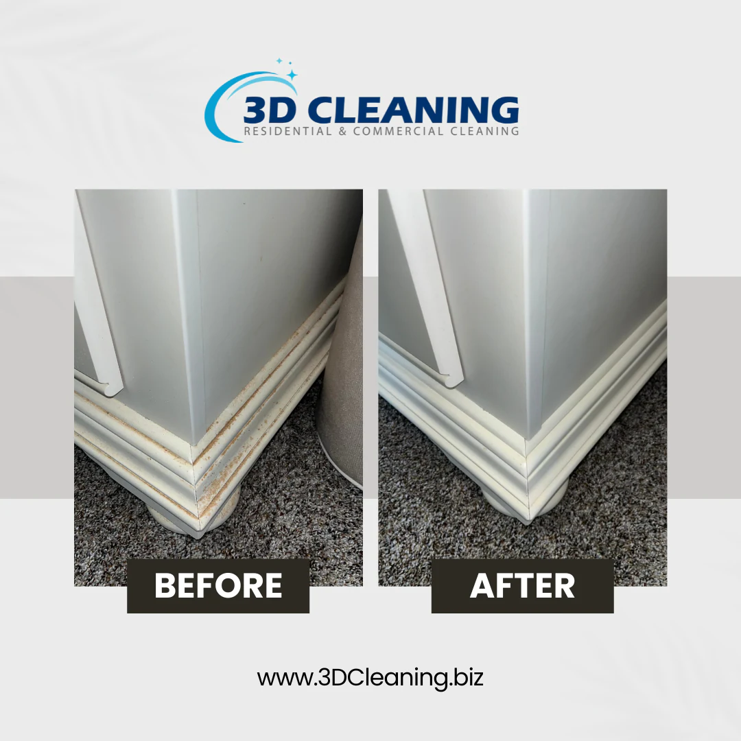 Before and after of a baseboard and door corner cleaned by 3D Cleaning