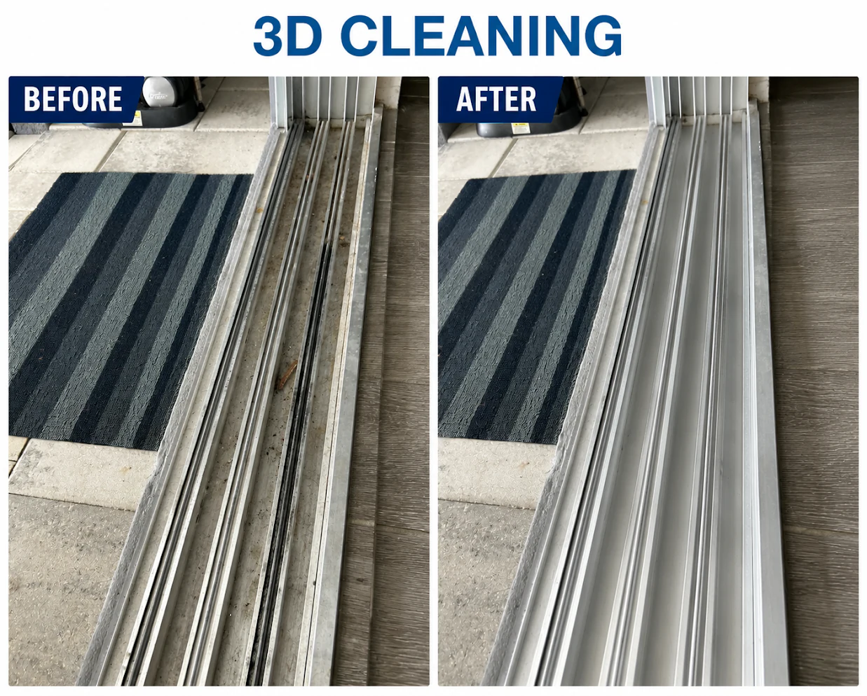 Before and after of a sliding-door track cleaned by 3D Cleaning