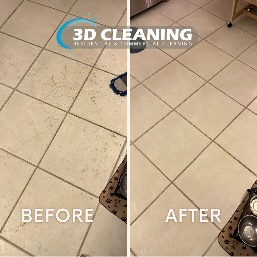 Before and after of a tile floor cleaned by 3D Cleaning