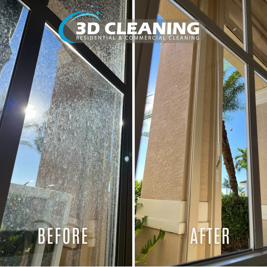 Before and after of a sliding glass door and window cleaned by 3D Cleaning