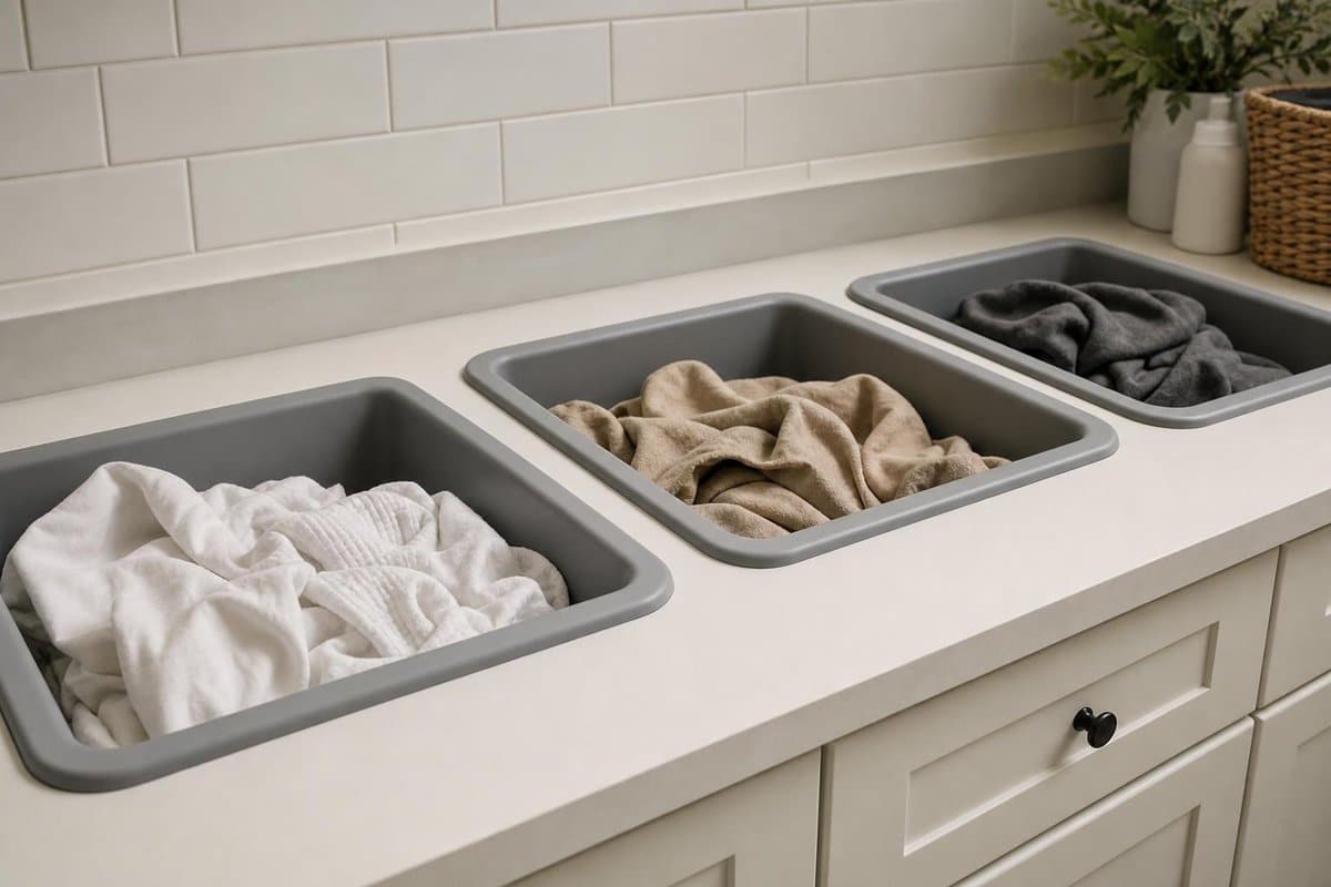 Clean cloths separated into open storage bins