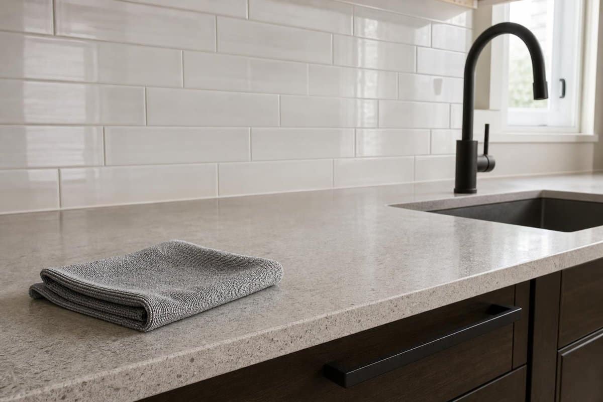 Folded microfiber cloth on a kitchen counter