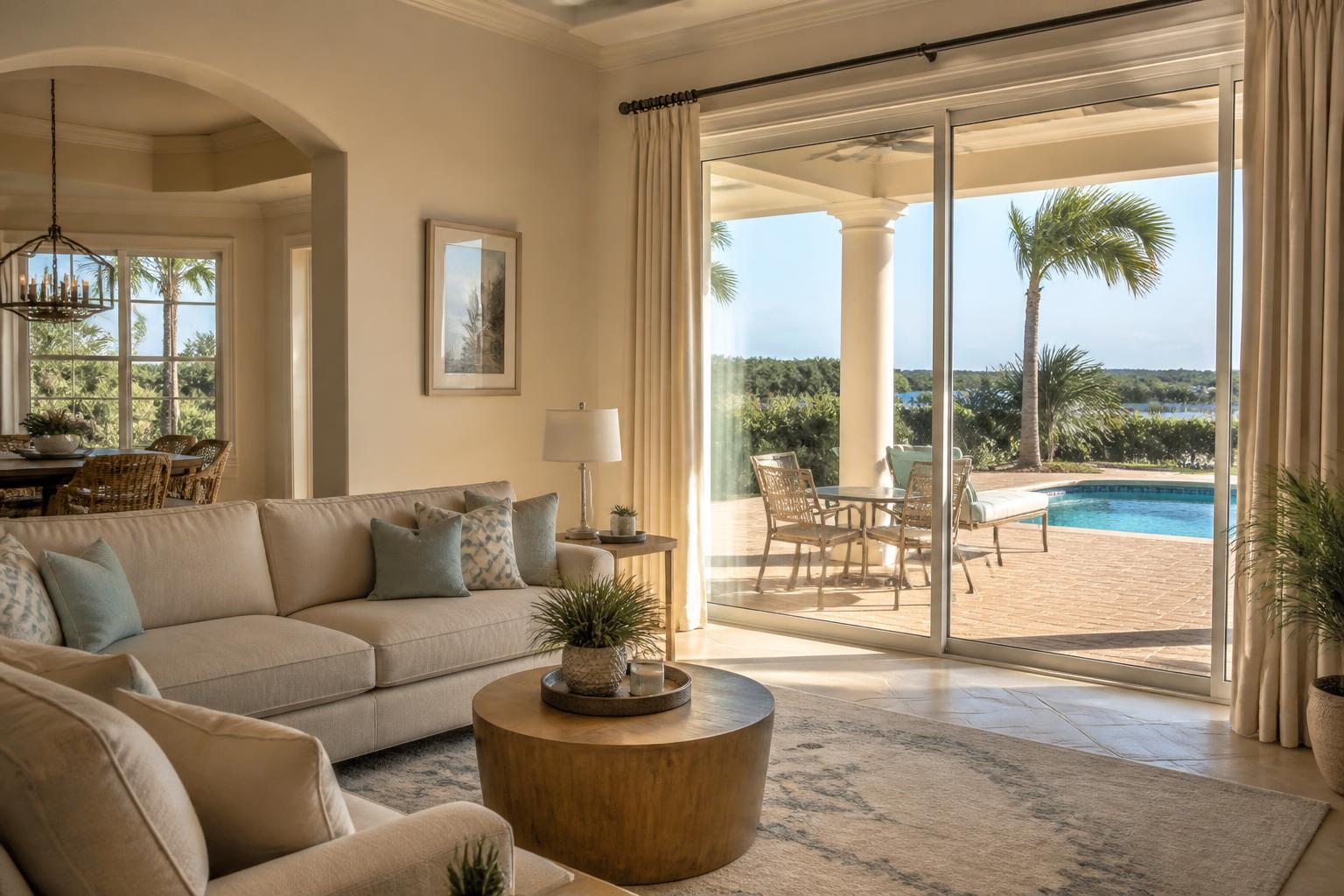 Clean organized living room maintained on a recurring cleaning plan