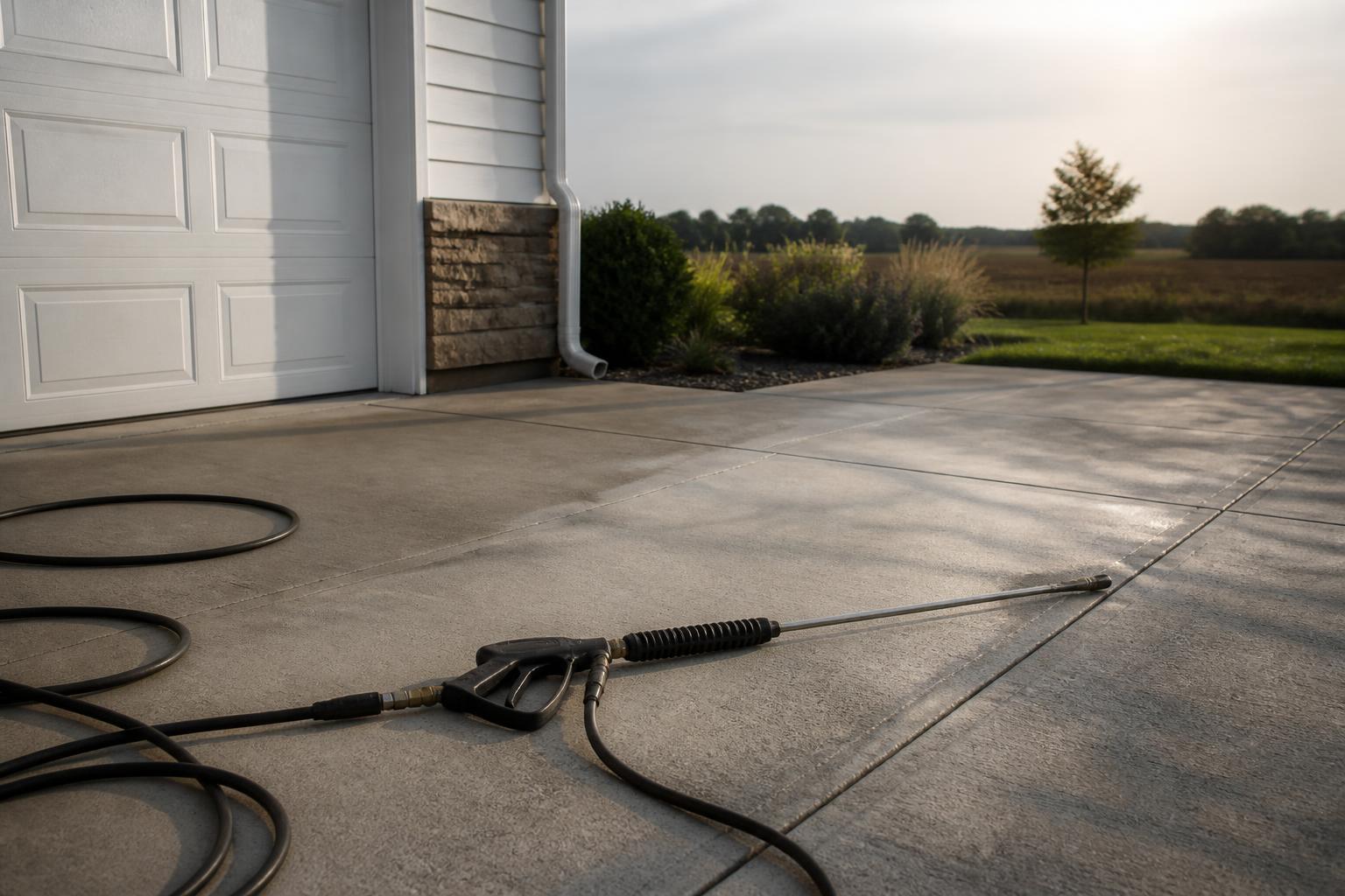 Pressure washing equipment and hose staged on a driveway