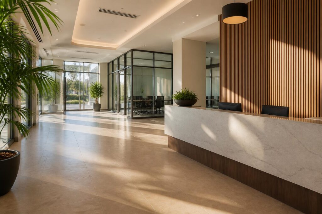 Clean modern commercial office lobby after professional cleaning