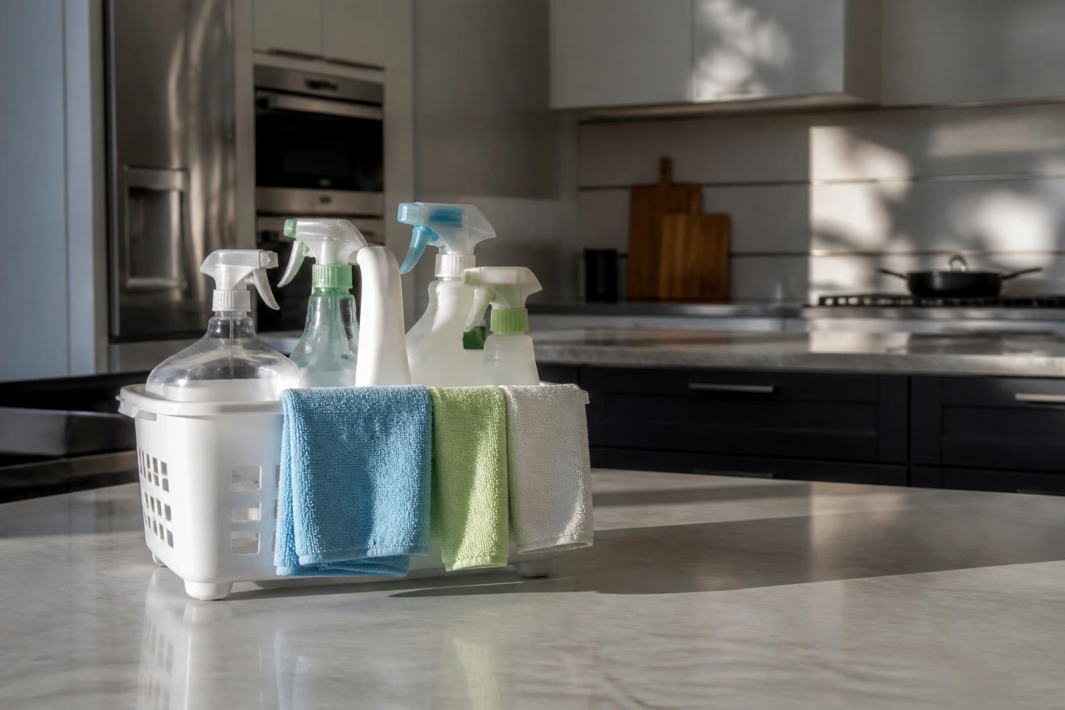Cleaning supplies staged for a recurring home cleaning visit