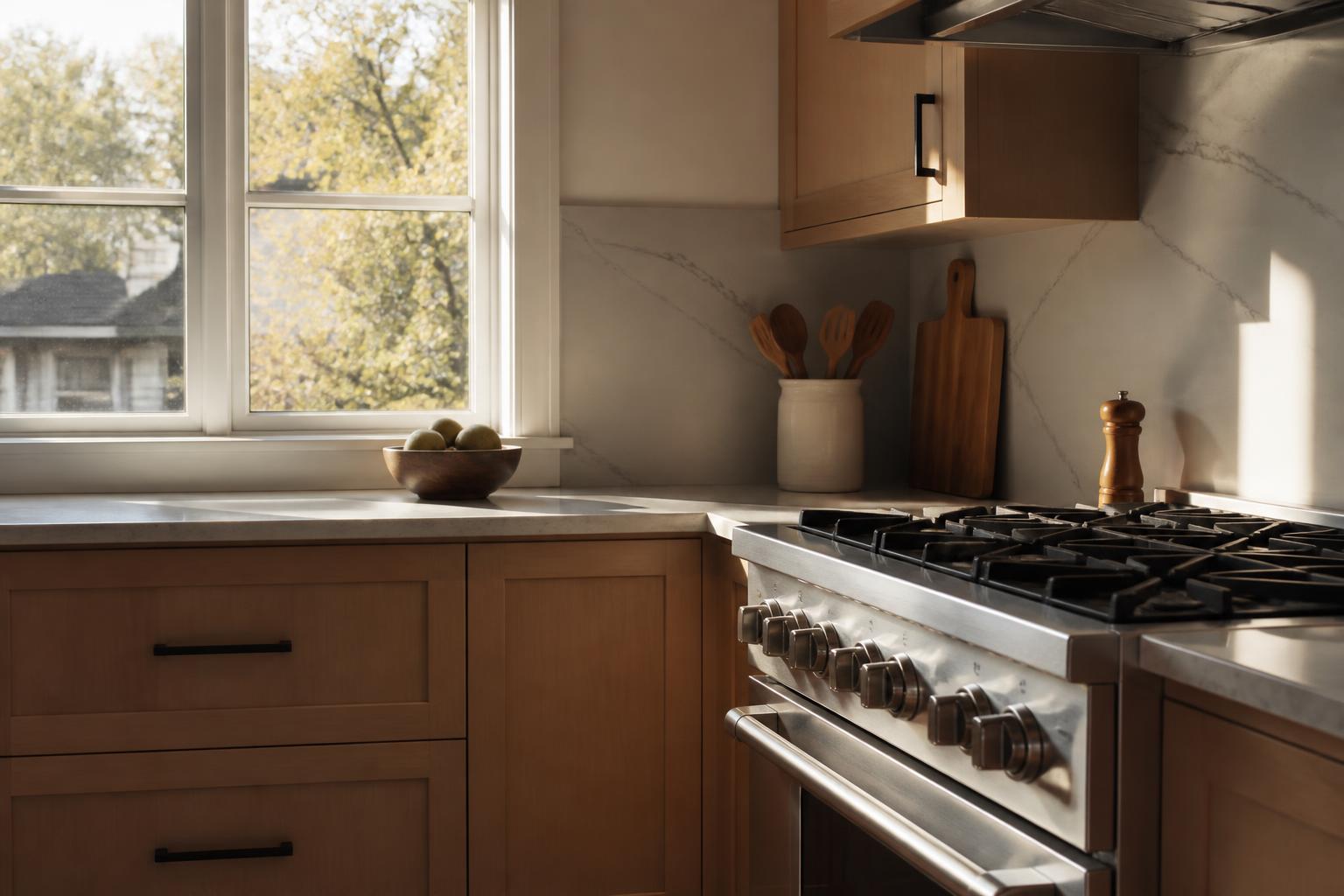 Tidy kitchen counter maintained between recurring cleaning visits