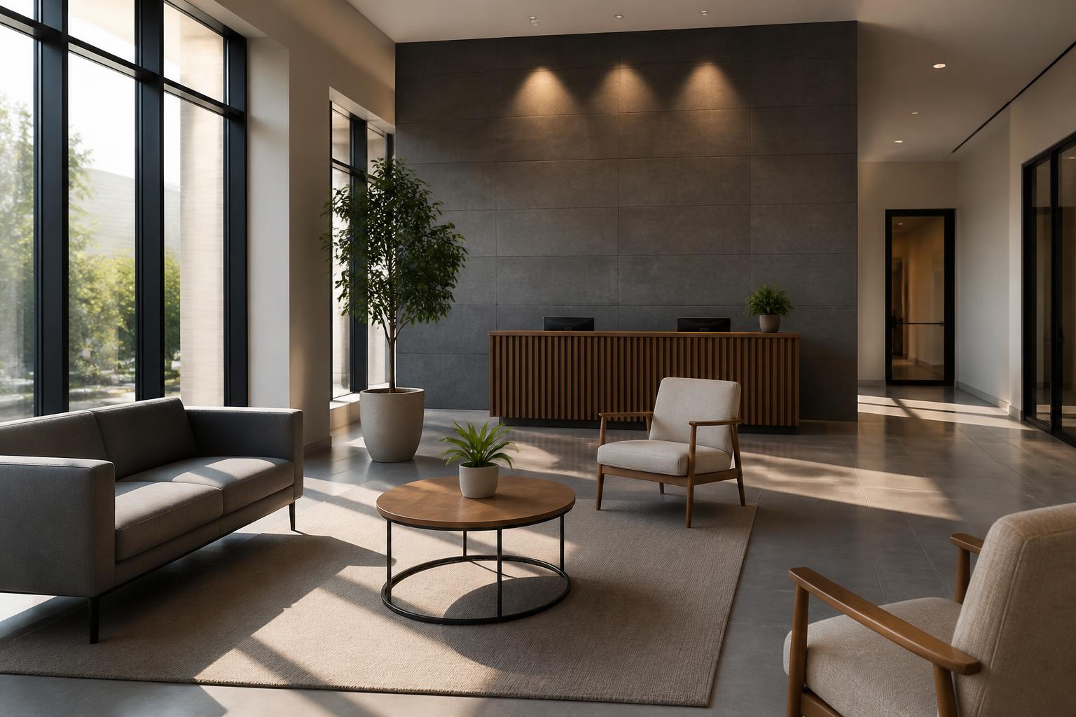 Clean office reception desk and seating area