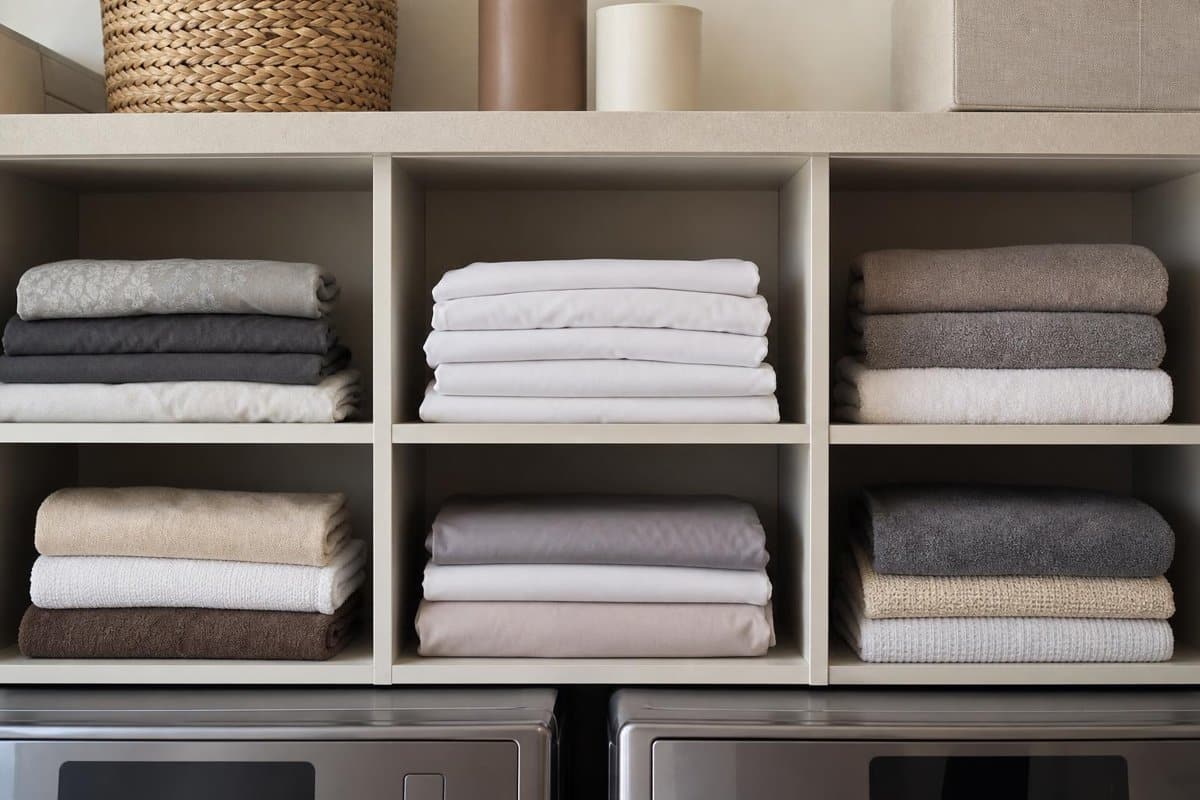 Clean folded cloths on a laundry shelf
