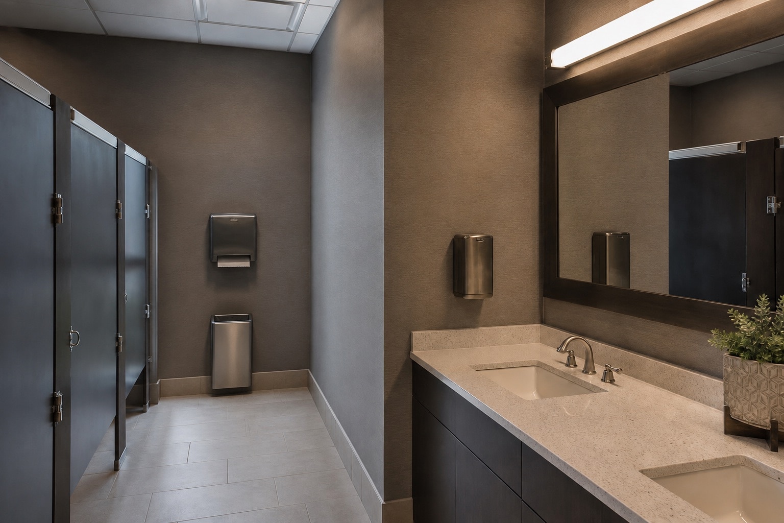 Clean windowless office washroom with stalls, sinks, and commercial dispensers