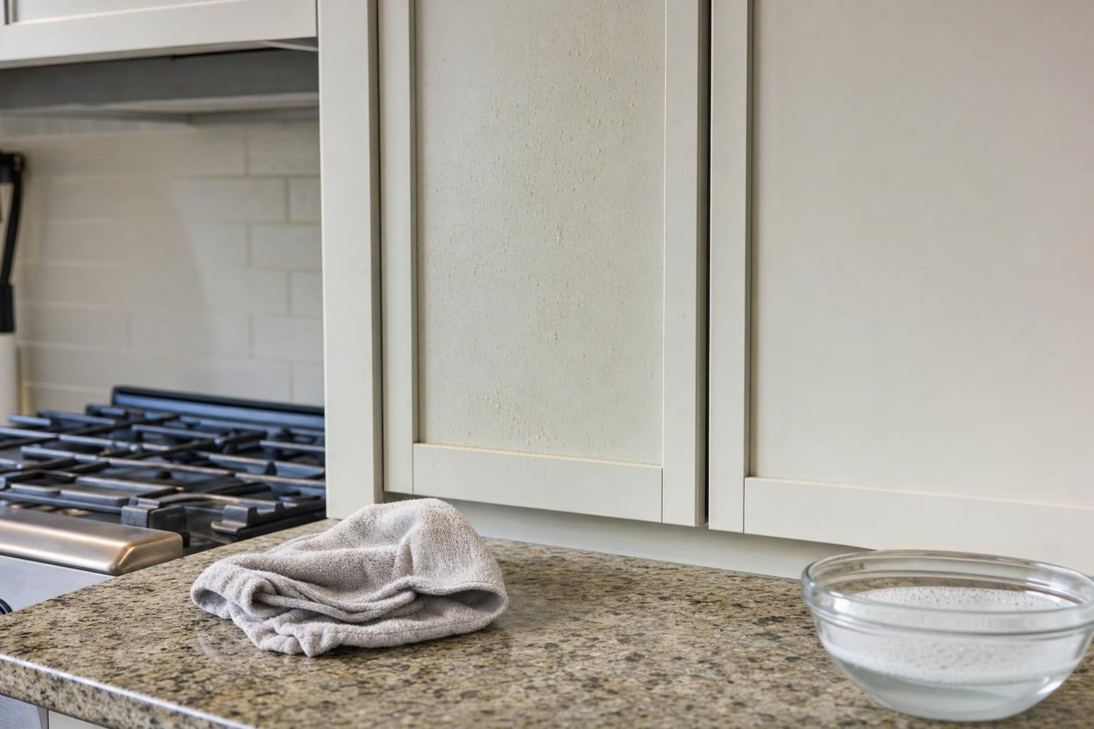 Kitchen cabinet door, cloth, and mild soapy water on a home counter
