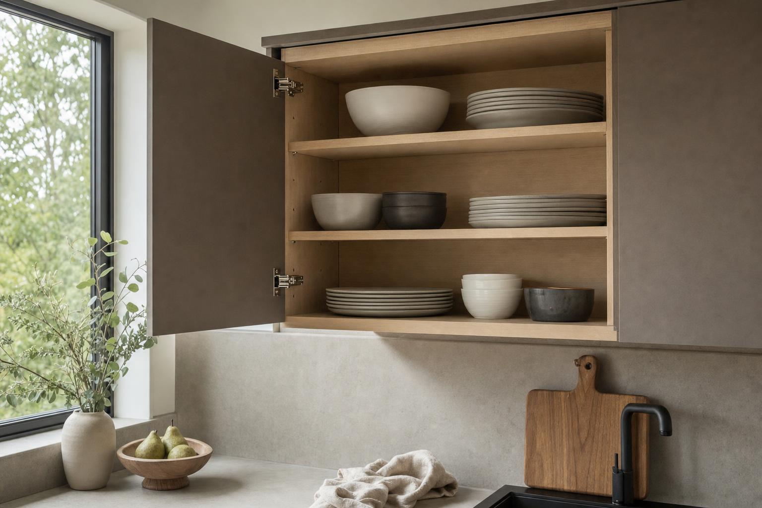 Open kitchen cabinet and countertop near a clean sink
