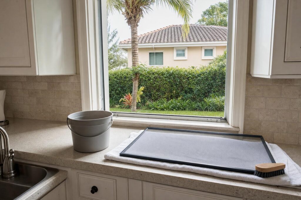 Window screen and cleaning tools beside a bright Cape Coral home window