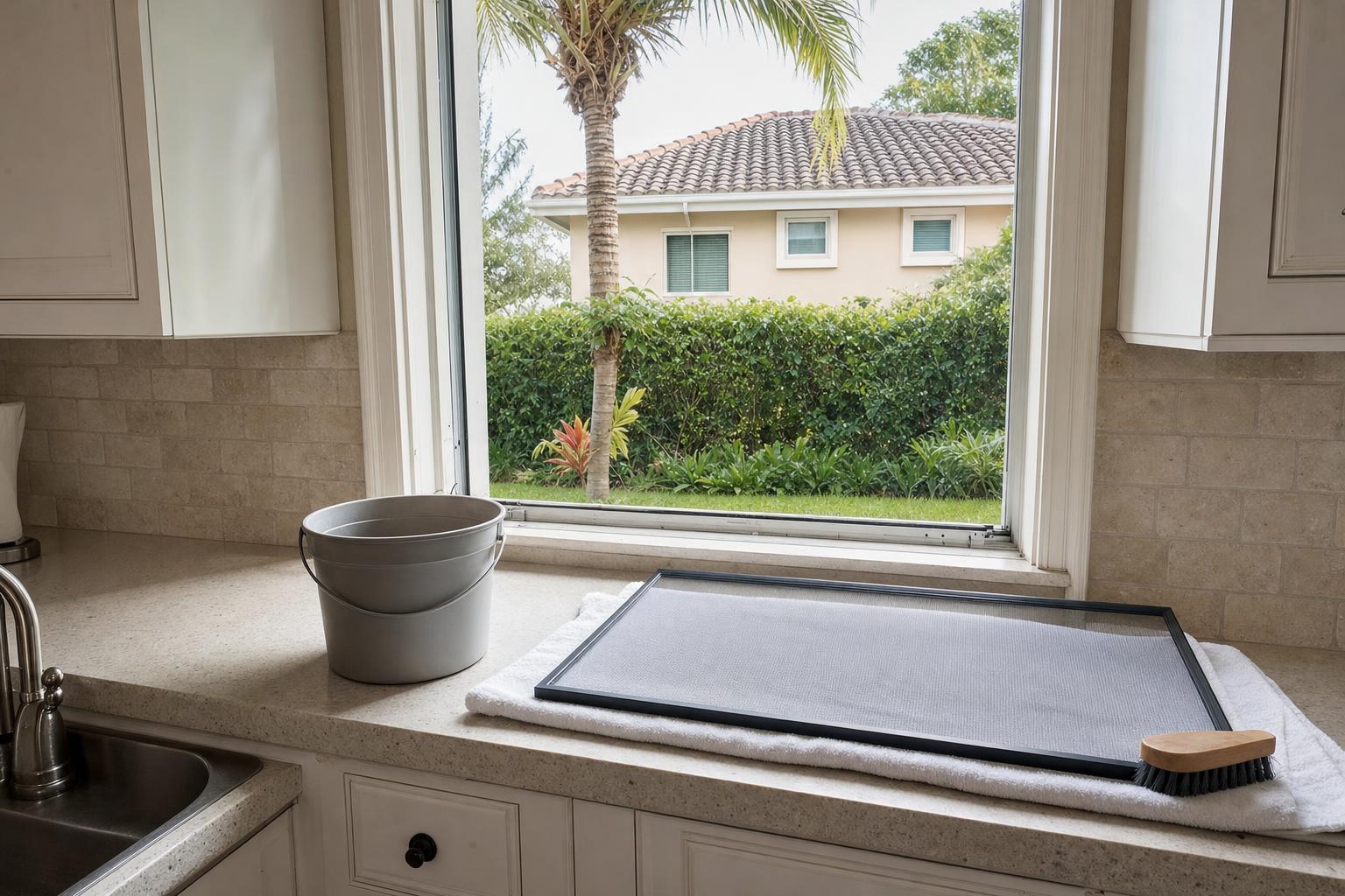 Window screen and cleaning tools beside a bright Cape Coral home window