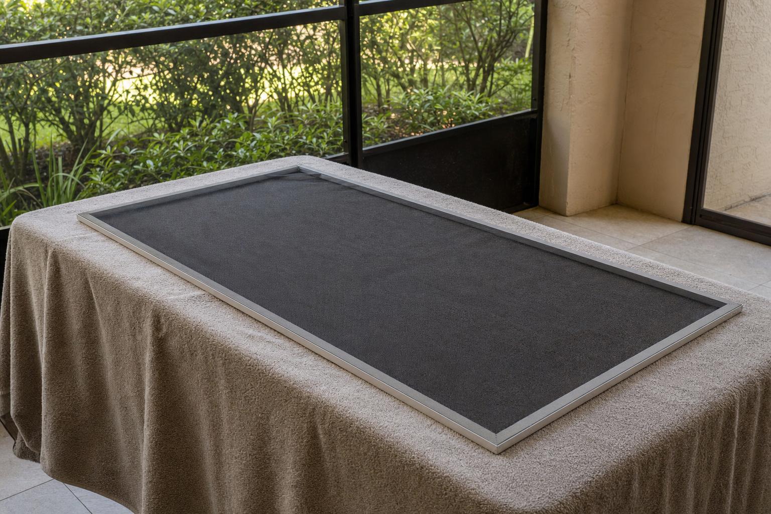 Window screen drying flat on a towel outside a Cape Coral home