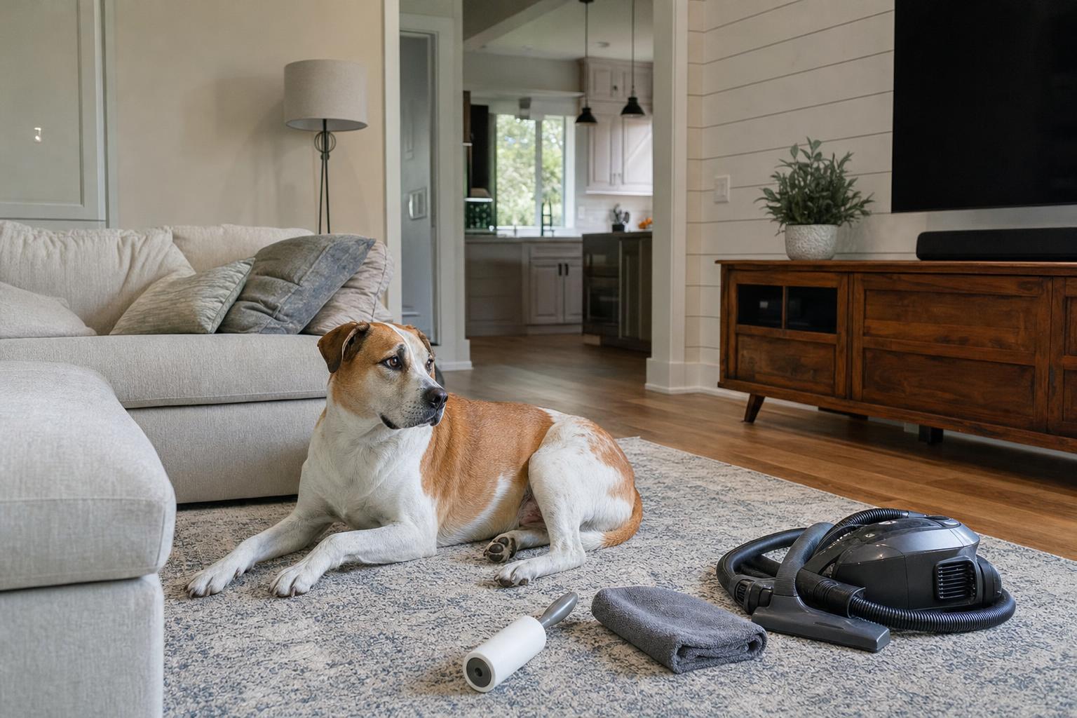 Pet hair cleaning routine in a Cape Coral living room with a dog and household tools