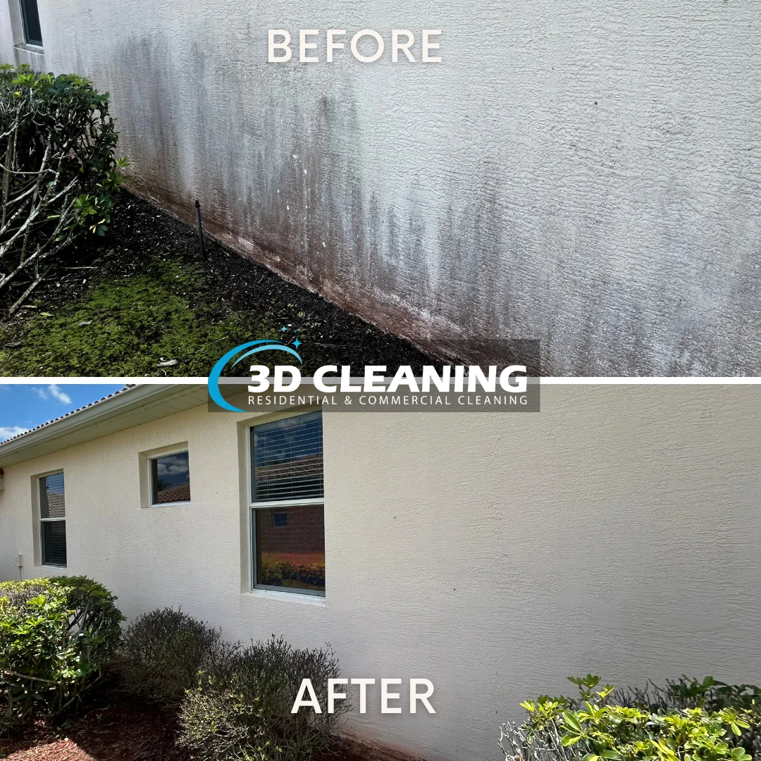 Before-and-after views of an exterior wall with windows and landscaping