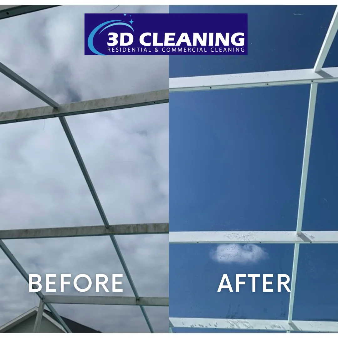 Before-and-after views of white screen-enclosure framework