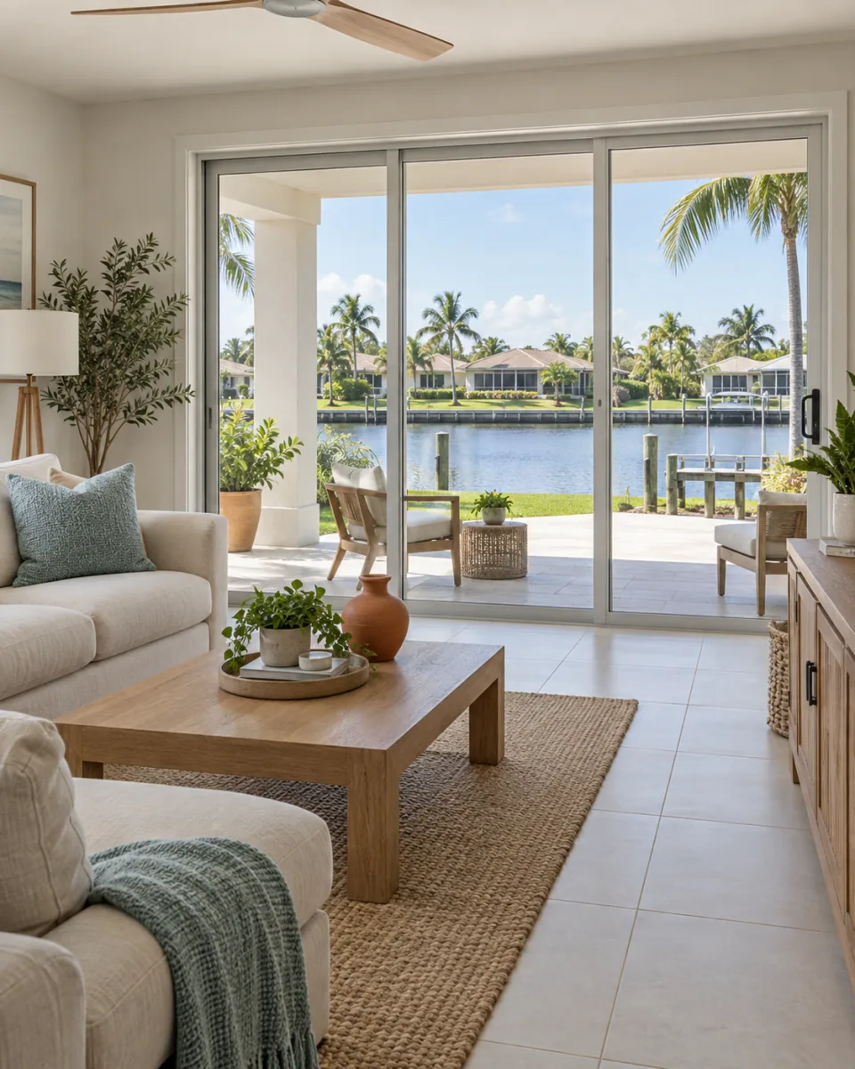 Bright living area with sliding glass doors overlooking a canal.