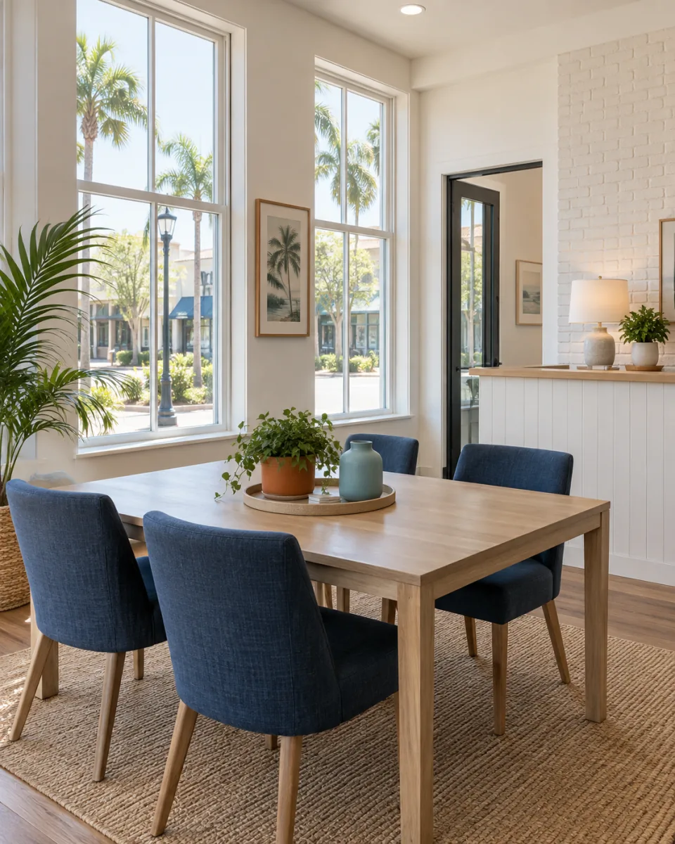 Small office meeting area with tall windows and an oak table.