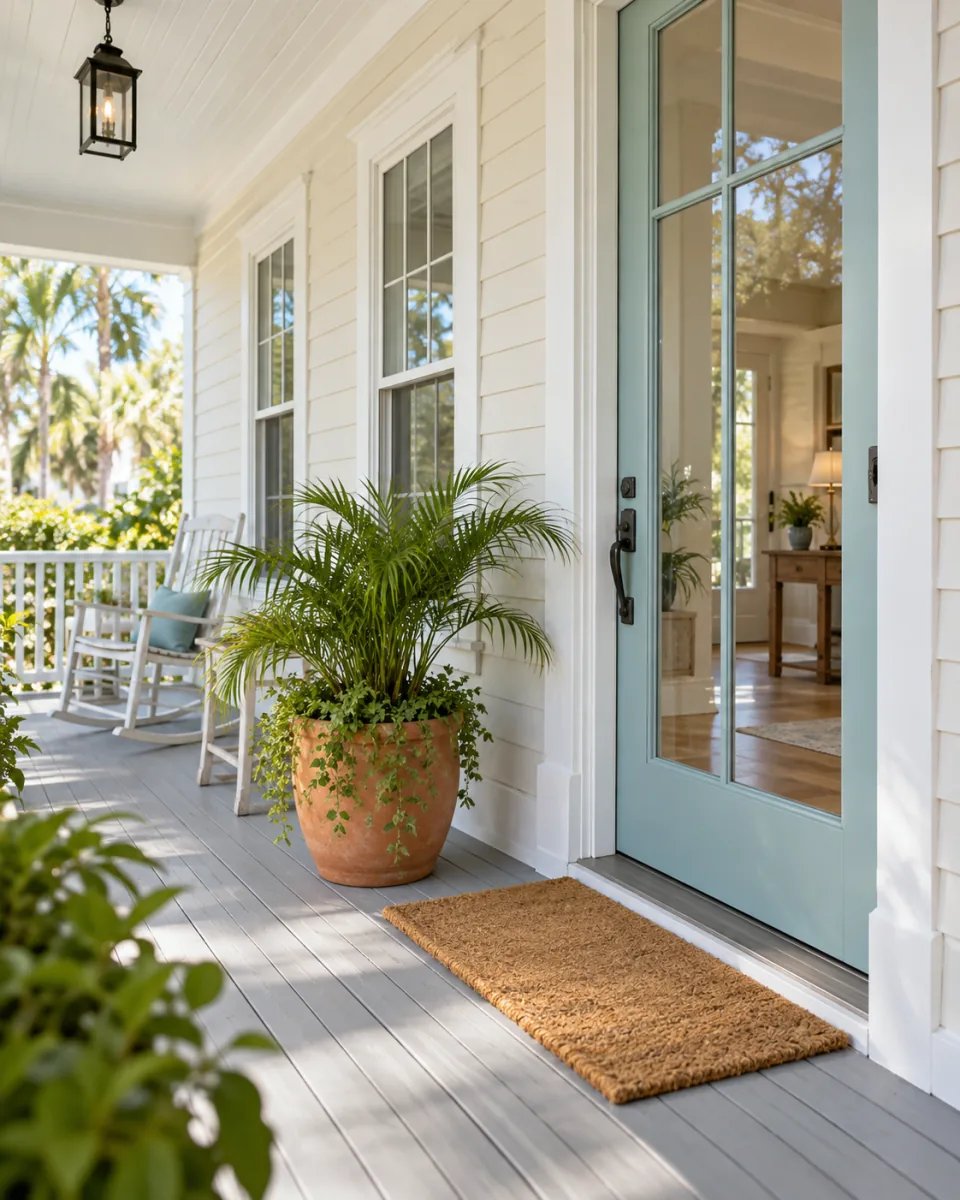 Cream clapboard porch with an aqua glazed door and potted palm.